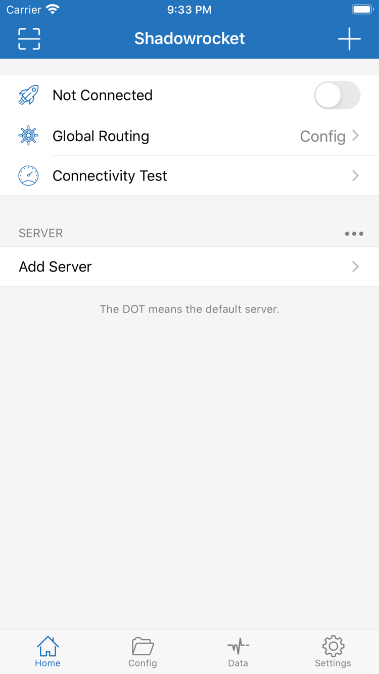 ShadowrocketのApp Store公式スクリーンショット：HomeのNot Connectedスイッチ、Global Routing、Connectivity Test
