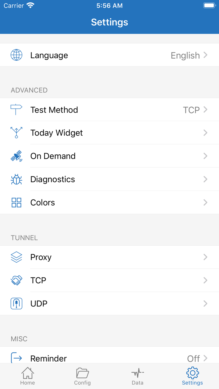 ShadowrocketのApp Store公式スクリーンショット：SettingsのTest Method、On Demand、Diagnostics