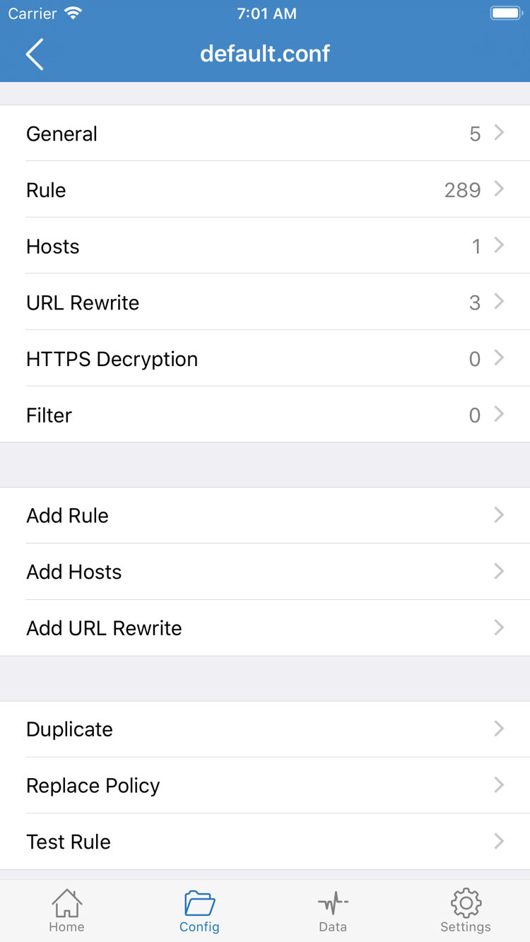 ShadowrocketのApp Store公式スクリーンショット：Configの設定ファイル編集画面にあるGeneral、Rule、Add Rule