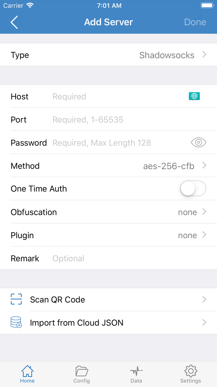 ShadowrocketのApp Store公式スクリーンショット：Add Server画面のType、Host、Portなどの項目